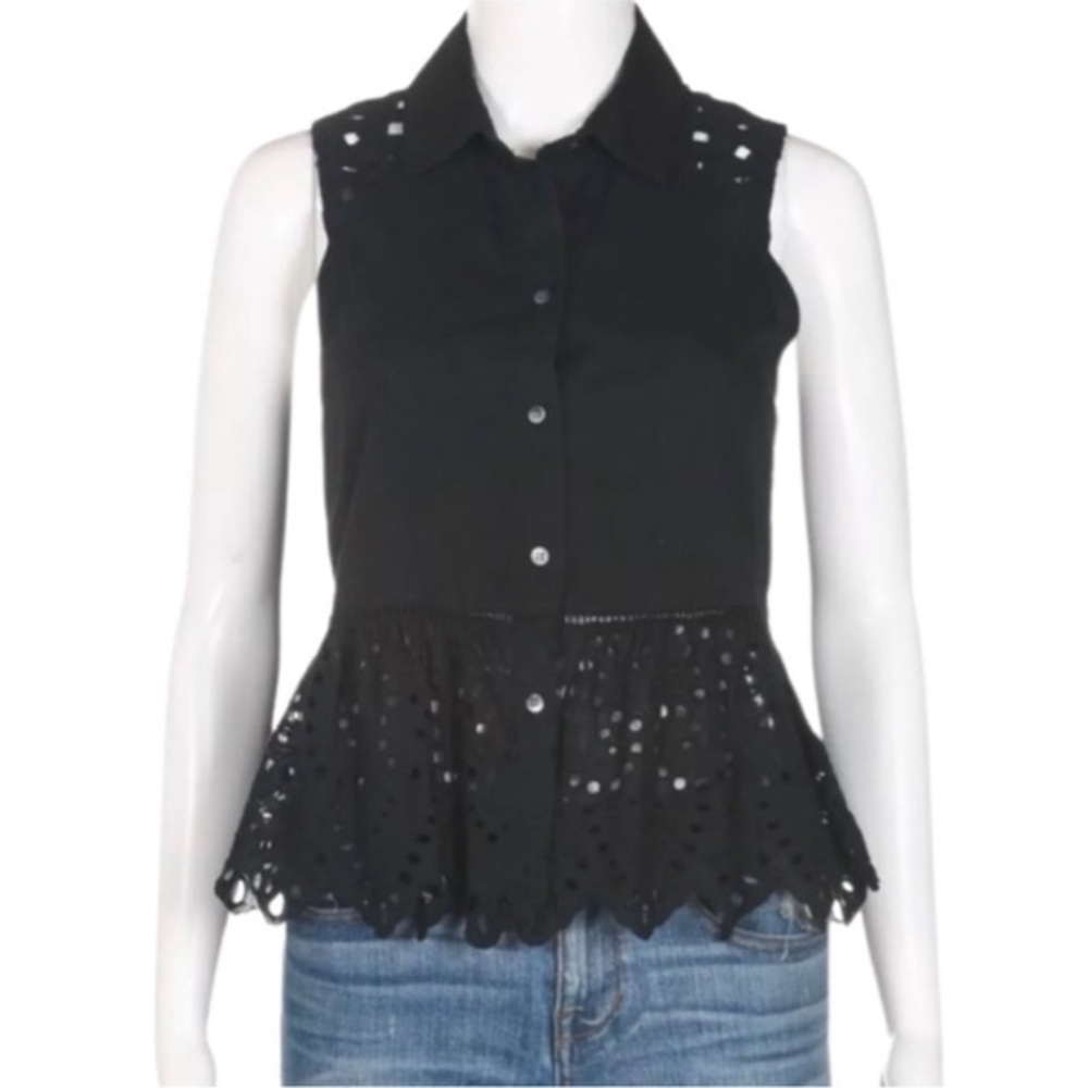 MADEWELL EMBROIDERED BUTTON DOWN SLEEVELESS CROCHET PEPLUM TOP